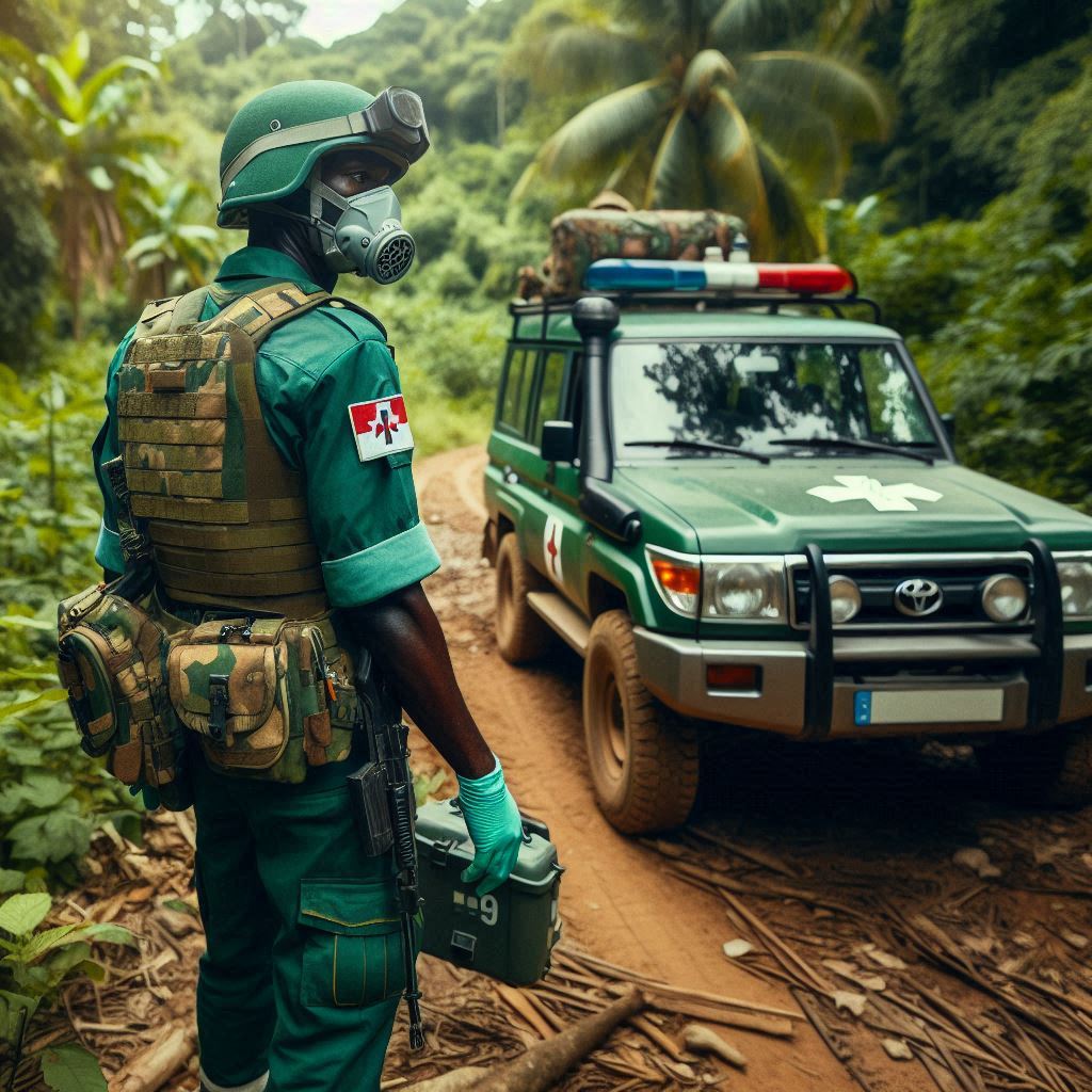 an African paramedic in the jungle with a green uniform and a Toyota Land Cruiser in the background